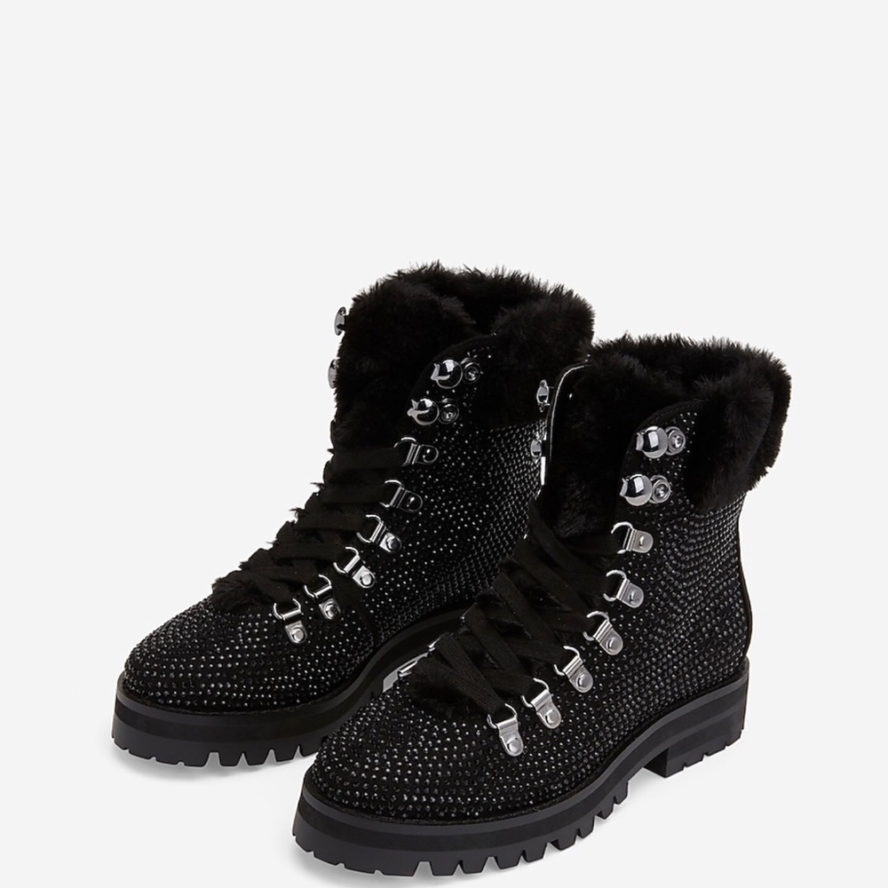 Rhinestone Embellished Faux Fur Combat Boots!!